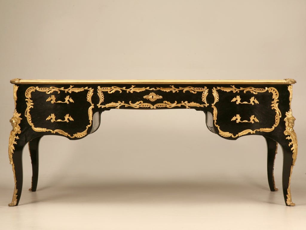 Ornate Ebonized French 5 Drawer Desk w/Ormolu & Tooled Leather Top 4