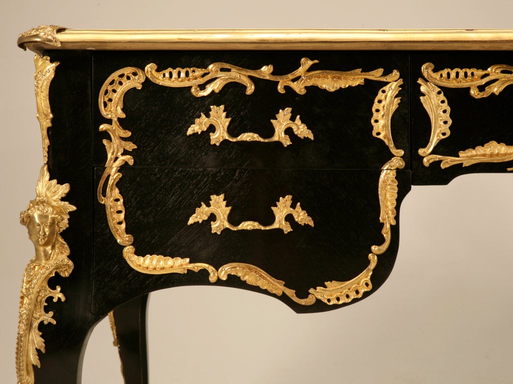 Mahogany Ornate Ebonized French 5 Drawer Desk w/Ormolu & Tooled Leather Top