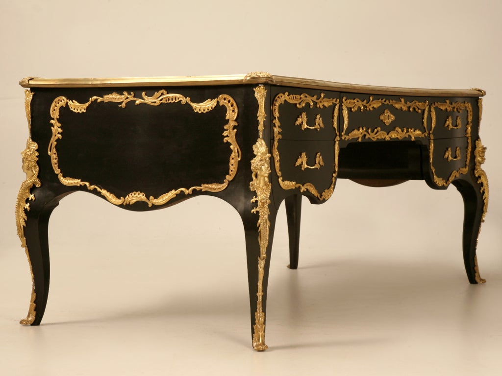 Ornate Ebonized French 5 Drawer Desk w/Ormolu & Tooled Leather Top 2