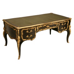 Ornate Ebonized French 5 Drawer Desk w/Ormolu & Tooled Leather Top