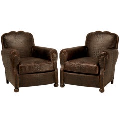 Vintage Pair of Fully Restored 1930's French Club Chairs w/Croc. Leather