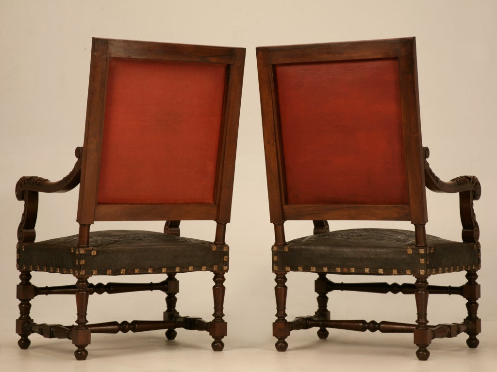 Majestic Pair of Antique Carved Throne Chairs w/Tooled Leather 5