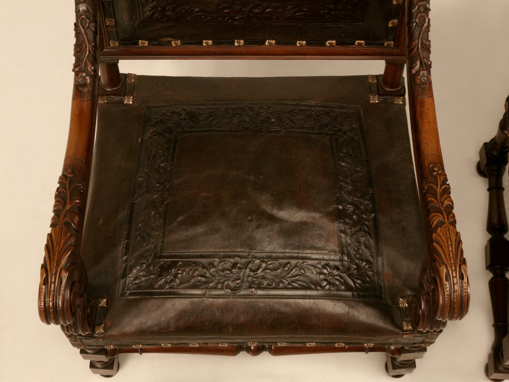 Walnut Majestic Pair of Antique Carved Throne Chairs w/Tooled Leather