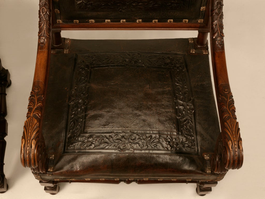Majestic Pair of Antique Carved Throne Chairs w/Tooled Leather 1