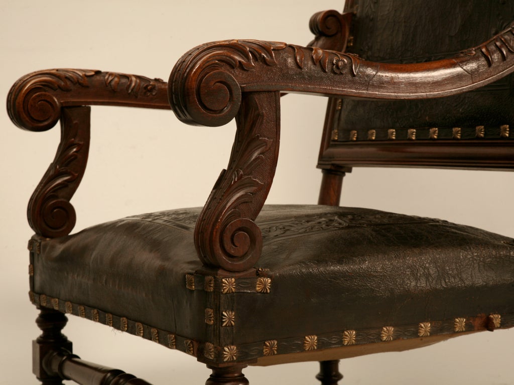 Majestic Pair of Antique Carved Throne Chairs w/Tooled Leather 3