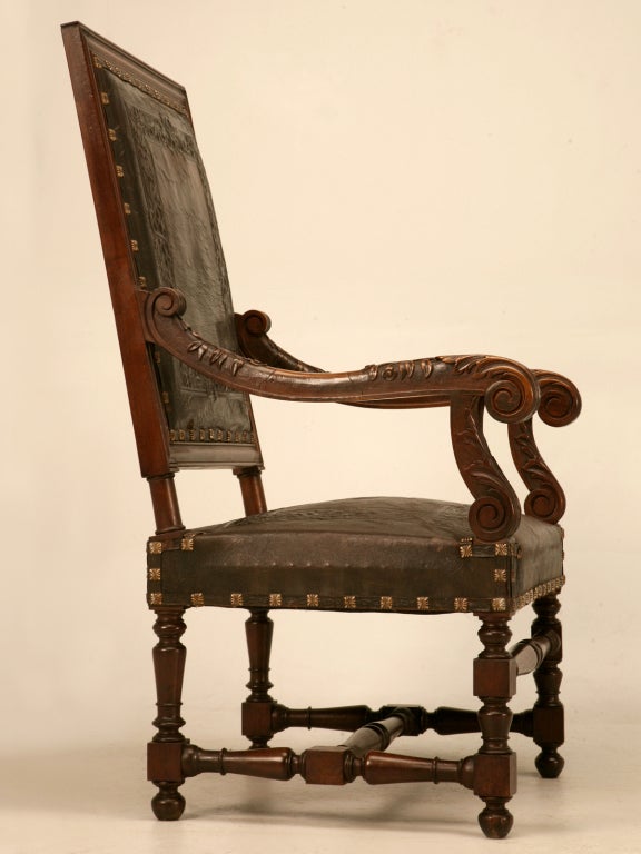 Majestic Pair of Antique Carved Throne Chairs w/Tooled Leather 4