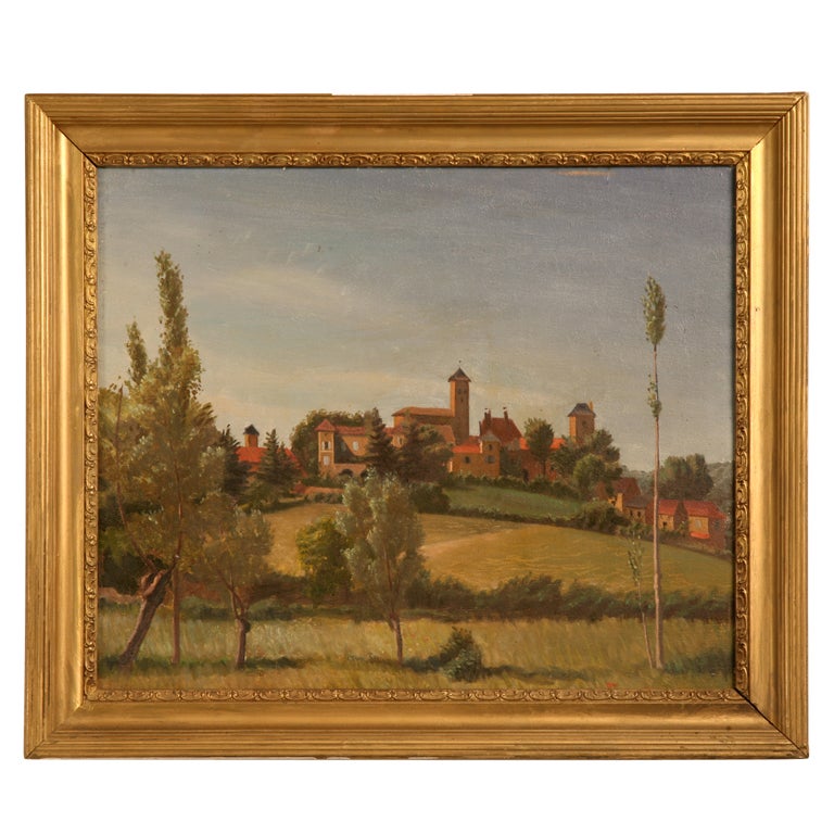 Original "Village of Picardy" Oil on Board signed Jean Leon '43 For Sale