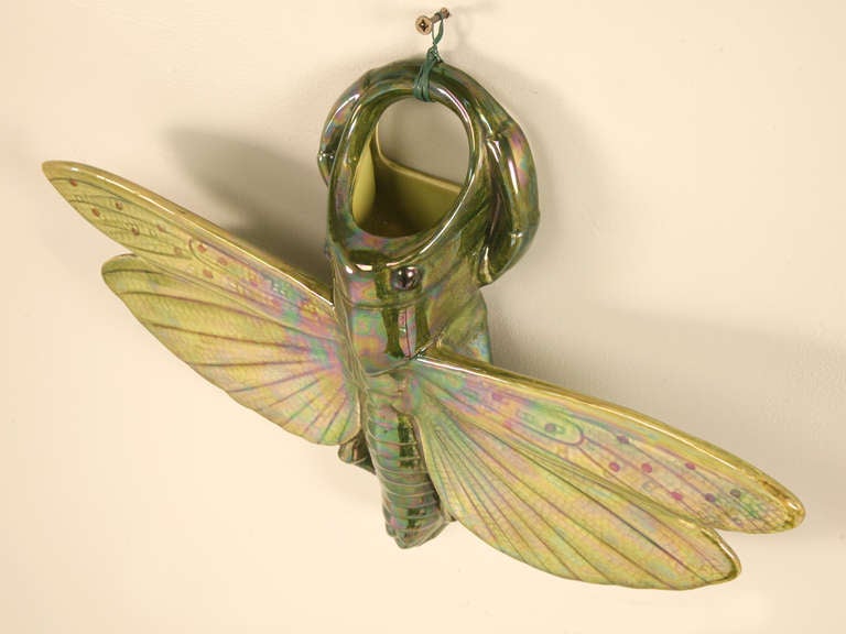 Antique French Sarrguemines Majolica Grasshopper Wall Pocket