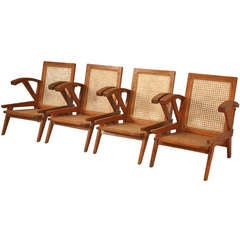 Set of Four Vintage 1940's French Teak Ship's Deck Chairs w/Arms