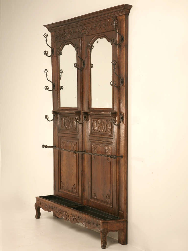 Original Antique French Louis XV Hand Carved Oak Hall Tree/Stand