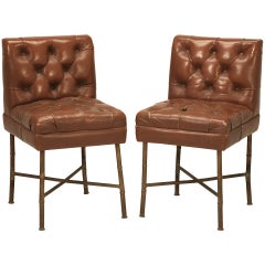 French Leather and Bronze Chairs or Stools in the style of Jacques Adnet, 