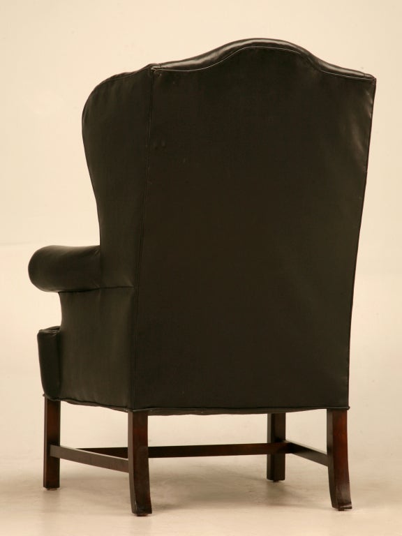 Classic Vintage Chippendale Style Black Leather Wingback Chair 5