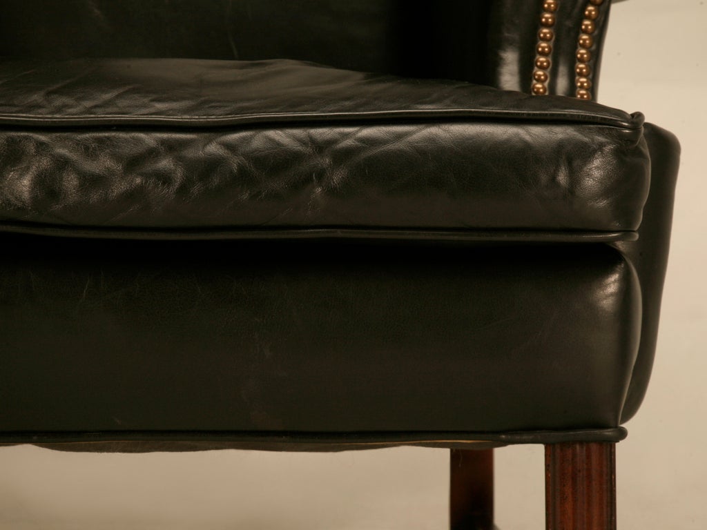 Classic Vintage Chippendale Style Black Leather Wingback Chair 2