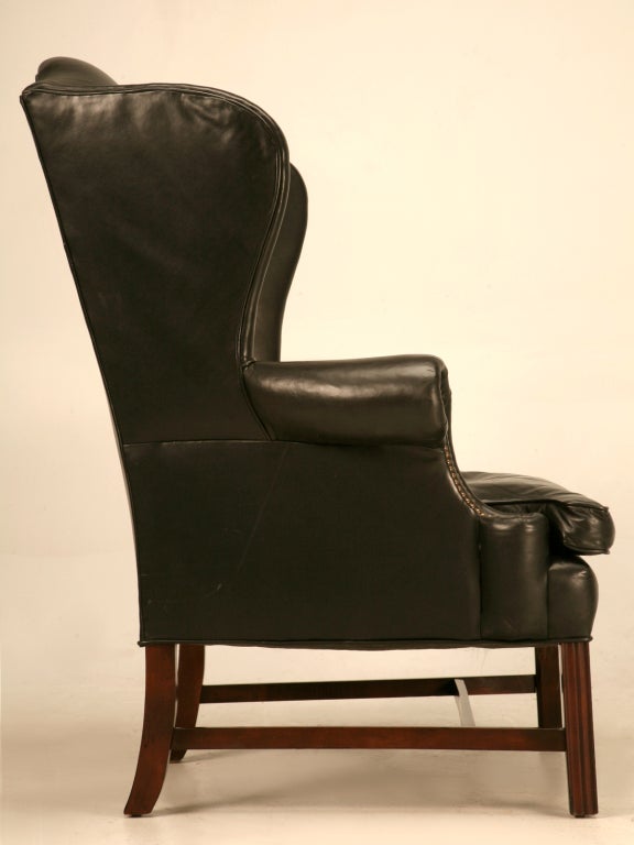 Classic Vintage Chippendale Style Black Leather Wingback Chair 4