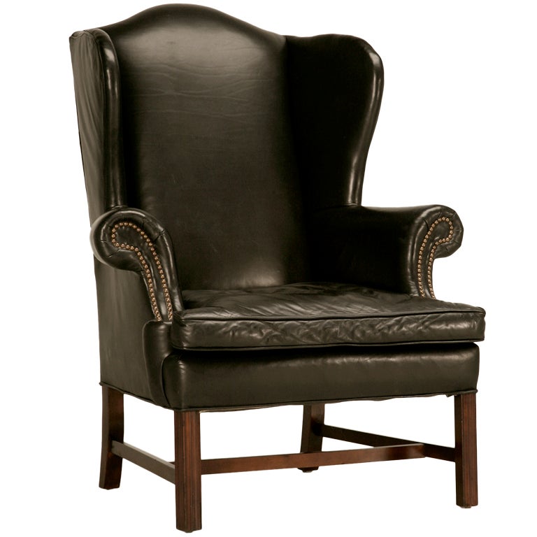 Classic Vintage Chippendale Style Black Leather Wingback Chair