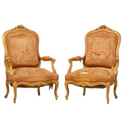 Pair of Orig. Antique French Gilt  Aubusson Fabric Upholstered Chairs