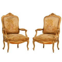Pair of Orig. Antique French Gilt "Aubusson" Upholstered Chairs