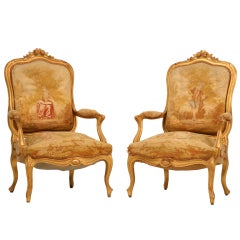 Pair of Orig. Antique French Gilt  "Aubusson" Upholstered Chairs
