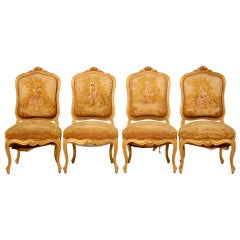 Set of 4 Orig. Antique French Gilt Aubusson Fabric Upholstered Chairs