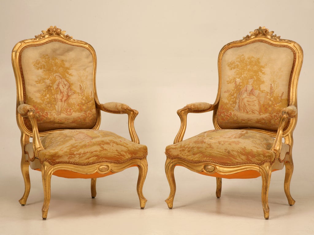 19th Century Original Antique French Gilt Aubusson Fabric Upholstered 7 Piece Parlour Set