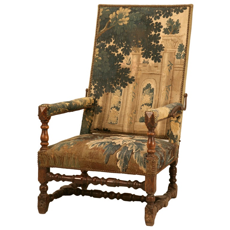 18th C. Antique French Louis XIII "Reclining" Chair w/Aubusson