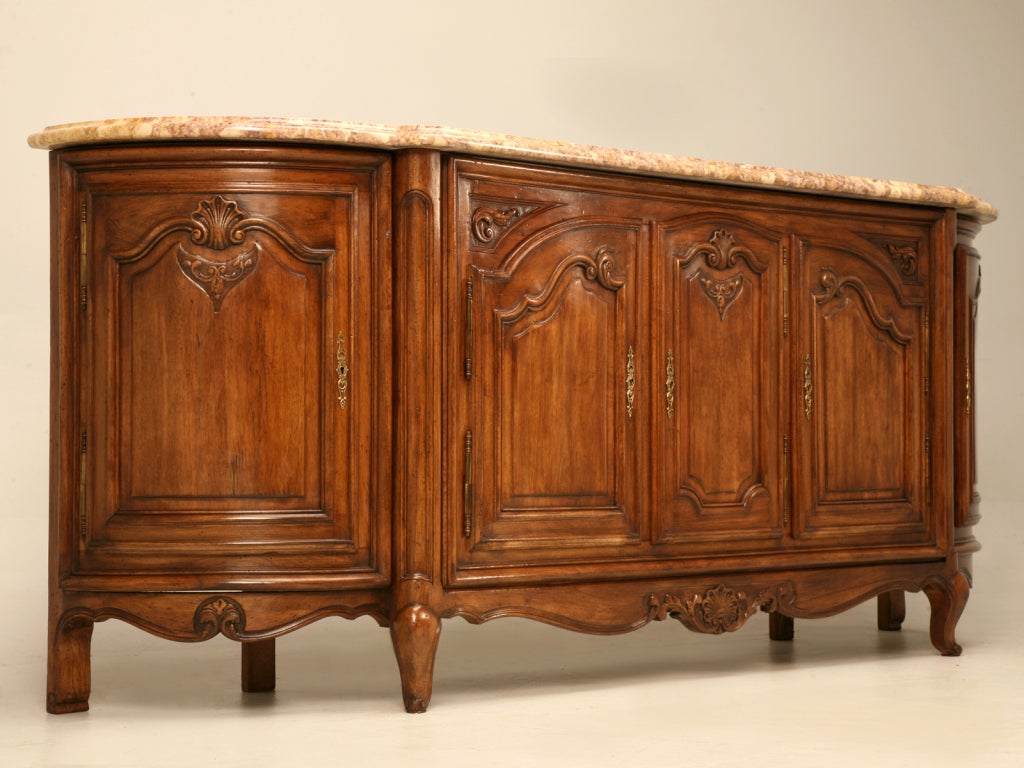 Stellar 103" Vintage French Walnut Louis XV Buffet w/Curved Ends & Marble