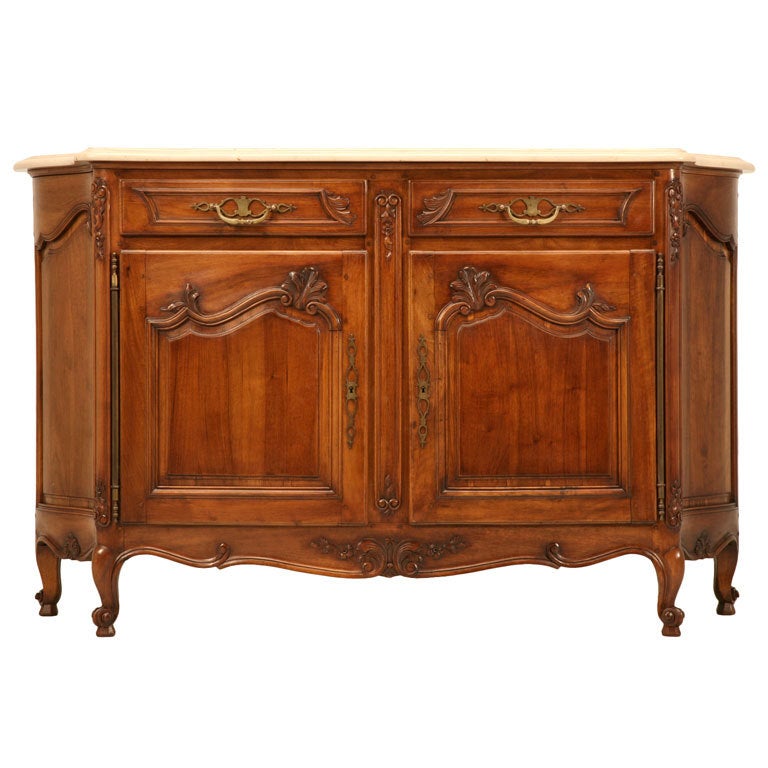 Vintage Italian Figured Walnut Serpentine Buffet with Thick Stone Top