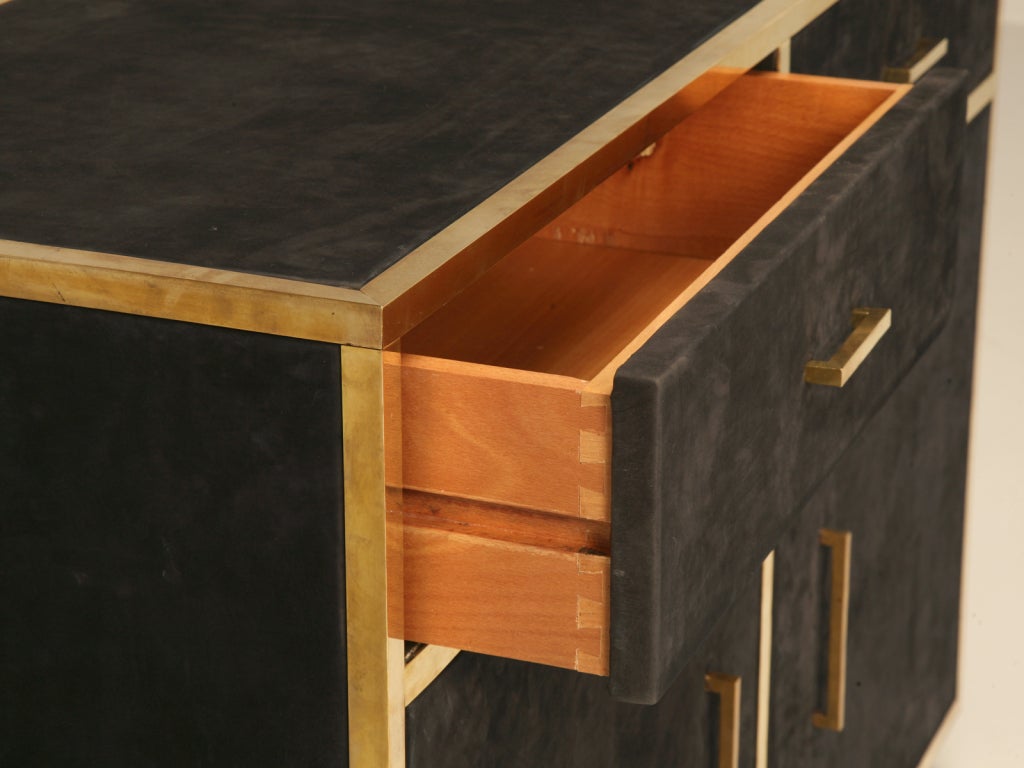 Fabulous French 60' Black Suede & Brass Buffet Vanity or Console In Excellent Condition In Chicago, IL
