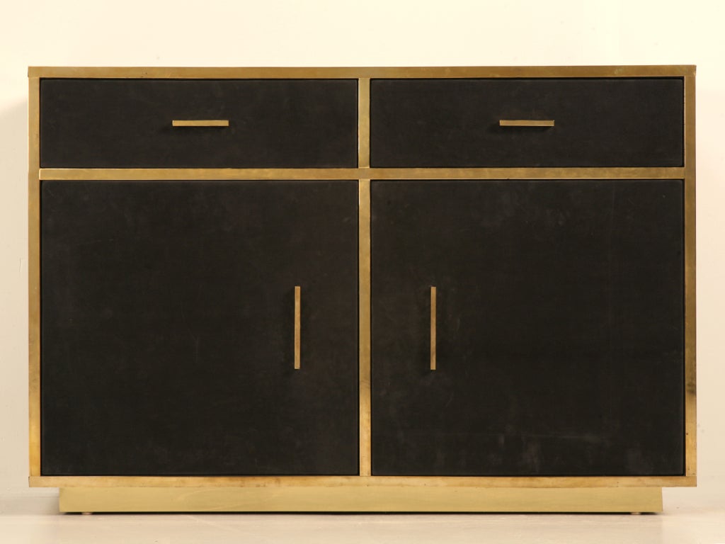 Mid-20th Century Fabulous French 60' Black Suede & Brass Buffet Vanity or Console