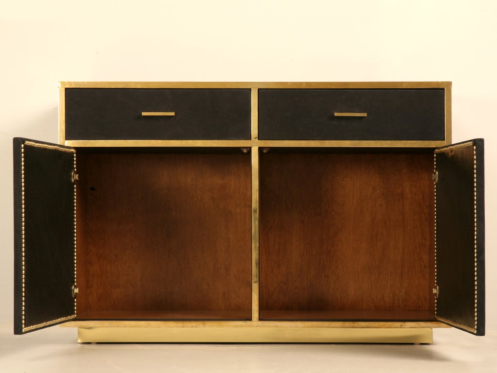 Fabulous French 60' Black Suede & Brass Buffet Vanity or Console 4