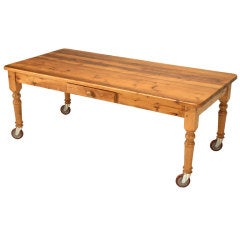 Vintage Rustic 84" Handmade English Pine Table with Drawer and Casters