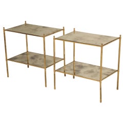 Sultry Pair of French 40's Two-Tier Aged Mirror End/Side Tables