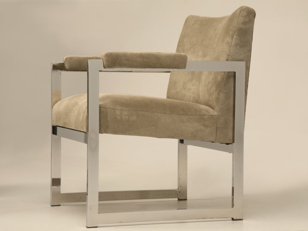 Pair of Milo Baughman for Thayer Coggin Chrome Suede Leather Arm Chairs c1970's In Good Condition For Sale In Chicago, IL