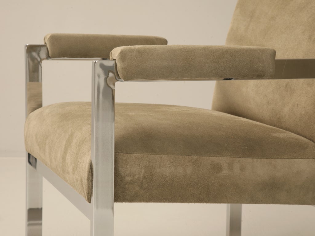 20th Century Pair of Milo Baughman for Thayer Coggin Chrome Suede Leather Arm Chairs c1970's For Sale