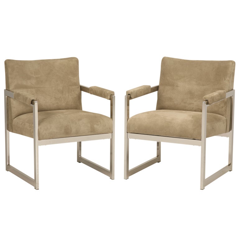 Pair of Milo Baughman for Thayer Coggin Chrome Suede Leather Arm Chairs c1970's