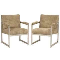 Pair of Milo Baughman for Thayer Coggin Chrome Suede Leather Arm Chairs c1970's
