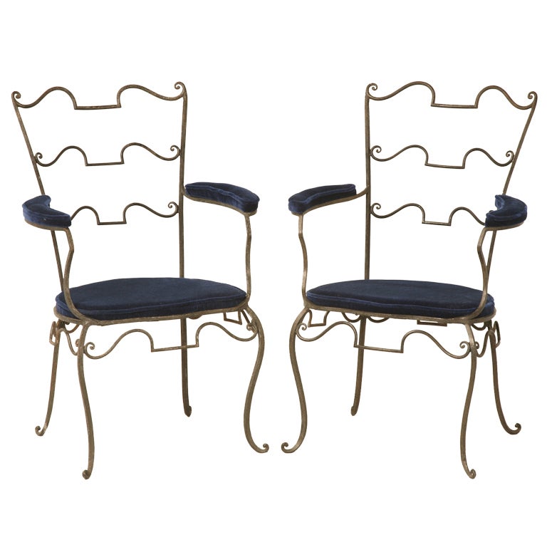 Original Pair-French 40's Wrought Iron Fauteuils att to René Prou