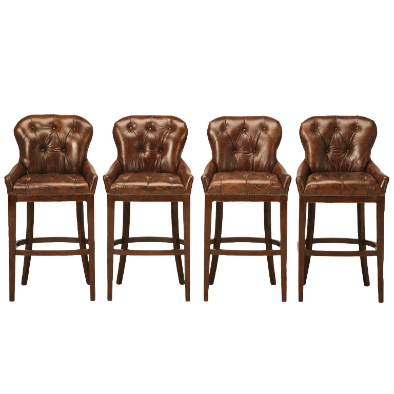 Amazing Set of 4 Vintage French Casino Tufted Leather Bar Stools