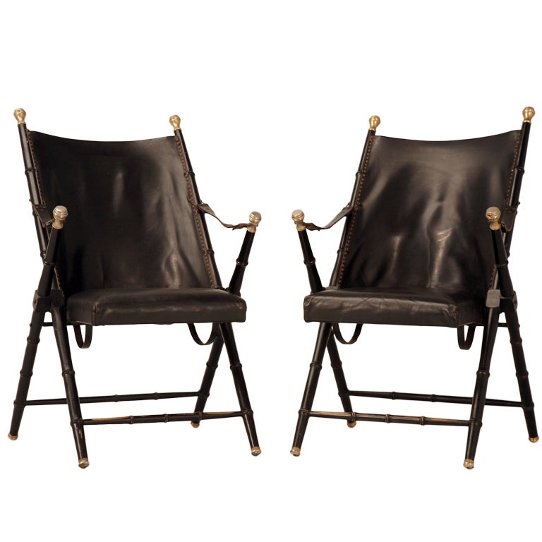 Original Pair of Vintage Italian Leather Campaign Chairs by Valenti  (1pr/3)