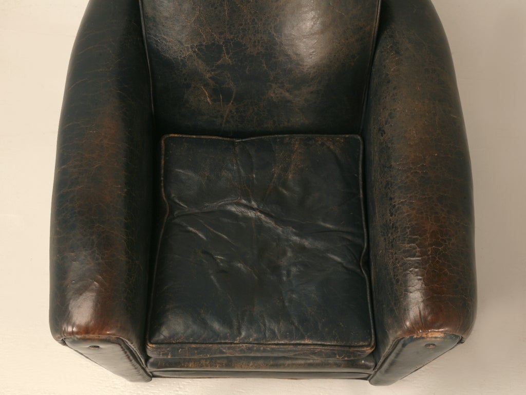 20th Century Original Vintage French Blue Leather Club Chair-New Springs, etc.