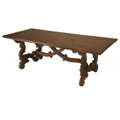 Original Antique Italian Mahogany Two Board Top Dining Table w/Unique Wooden Stretcher