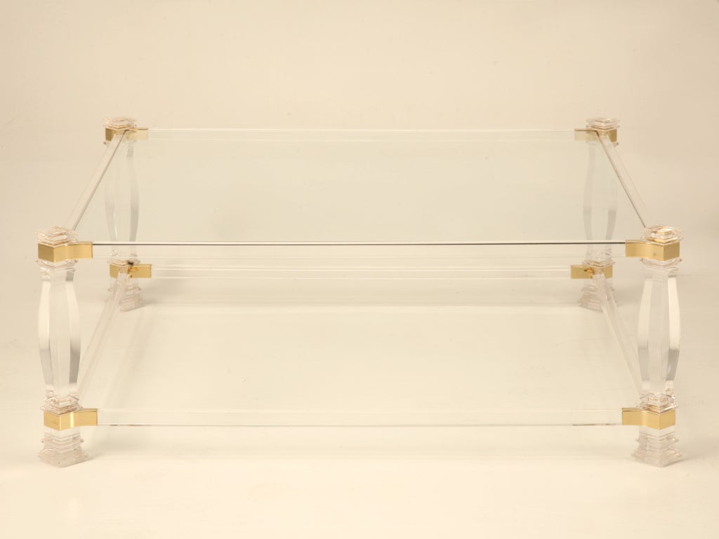 Incredible 70's French Lucite, Brass & Glass Square Coffee Table