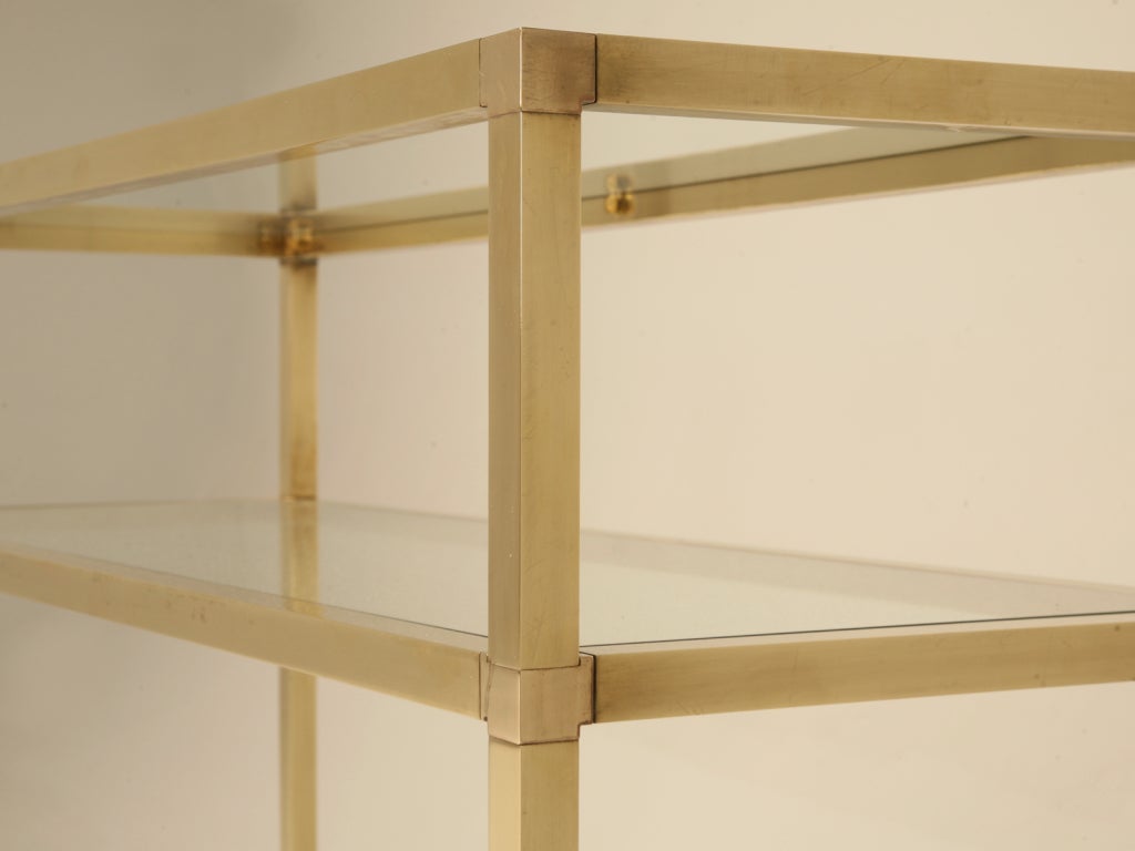 Vintage French Modern 3 Level Brushed Brass & Glass Console Table In Good Condition In Chicago, IL