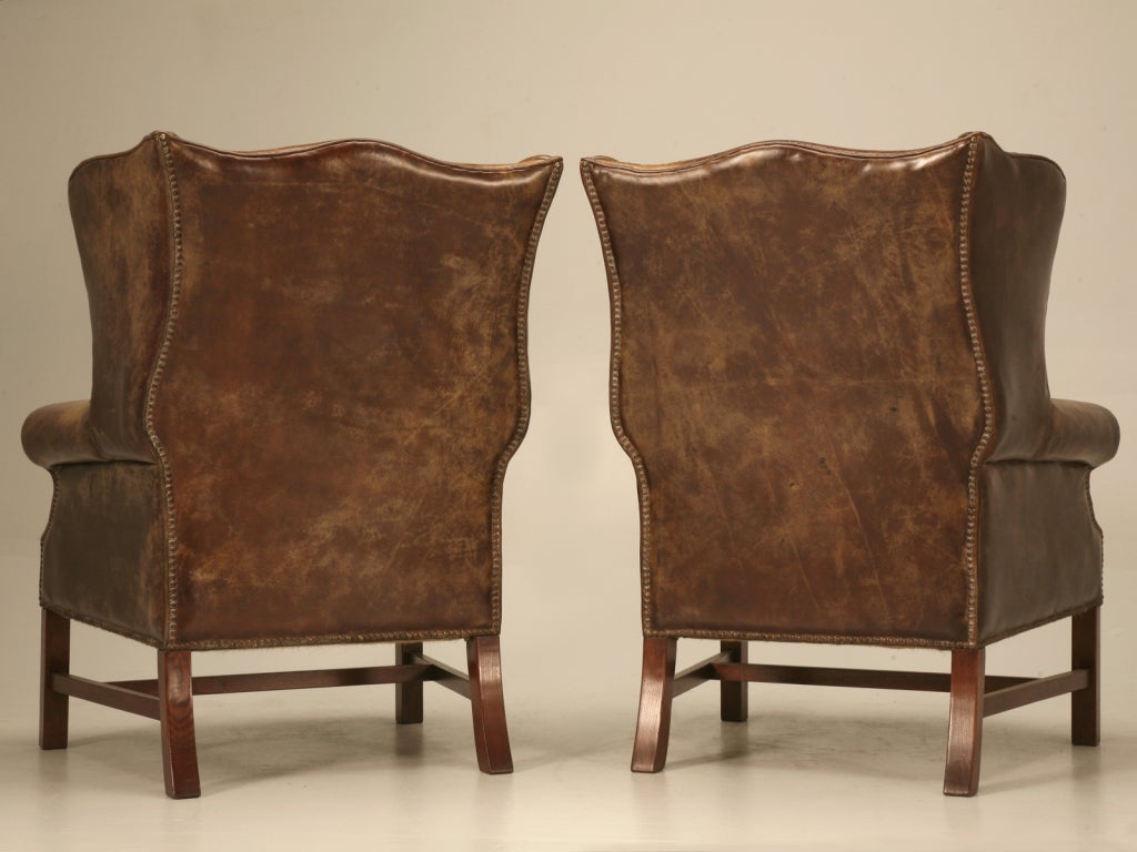 Outstanding Pair of Vintage Distressed Bomber Leather Wing Back Chairs 3