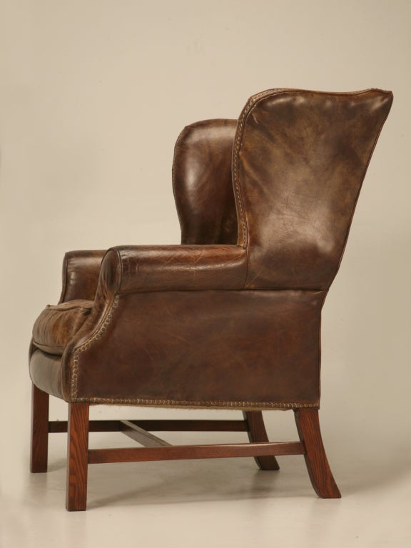 Outstanding Pair of Vintage Distressed Bomber Leather Wing Back Chairs 2
