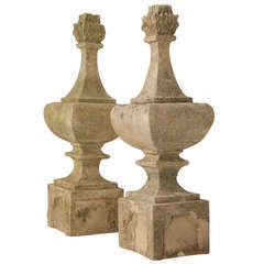 Pair of Original c.1820 Antique French Hand-Cut Stone Flaming Finials