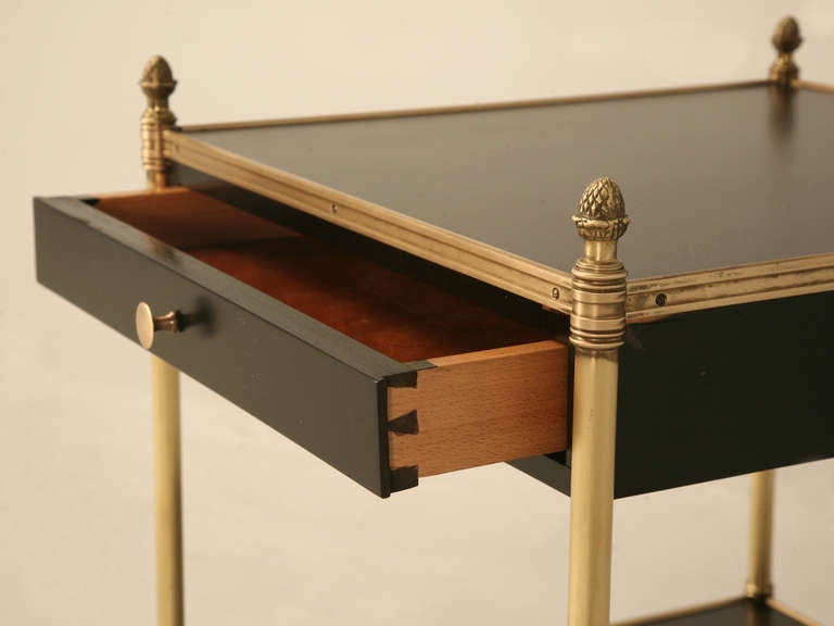 Mid-20th Century Vintage French Ebonized Mahogany Table with Brass Highlights and Drawer