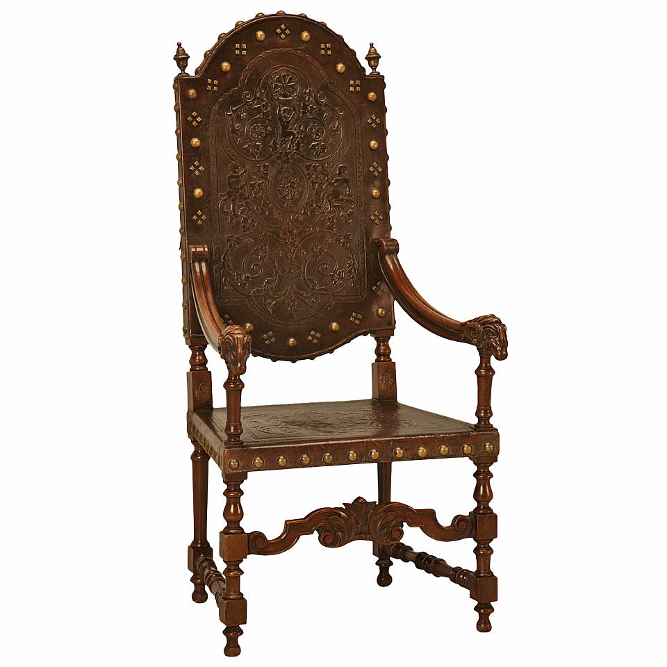 C1890 Spanish Hand-Tooled Leather Arm Chair