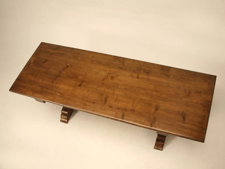 This is an authentic copy of a circa 1840s Italian Farm Table that we produce in our Old Plank Workshop. The lumber for the top is imported from France and averages between 20 to 40 years old. All of the wood is naturally air dried for a minimum of