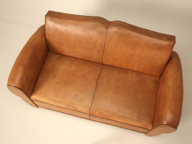 C1930's French Original Leather Moustache Back Settee/Sofa In Good Condition In Chicago, IL